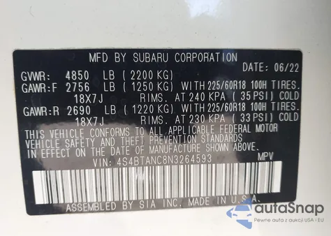 2022 Subaru Outback Limited z USA, uszkodzony, nr VIN 4S4BTANC8N3264593